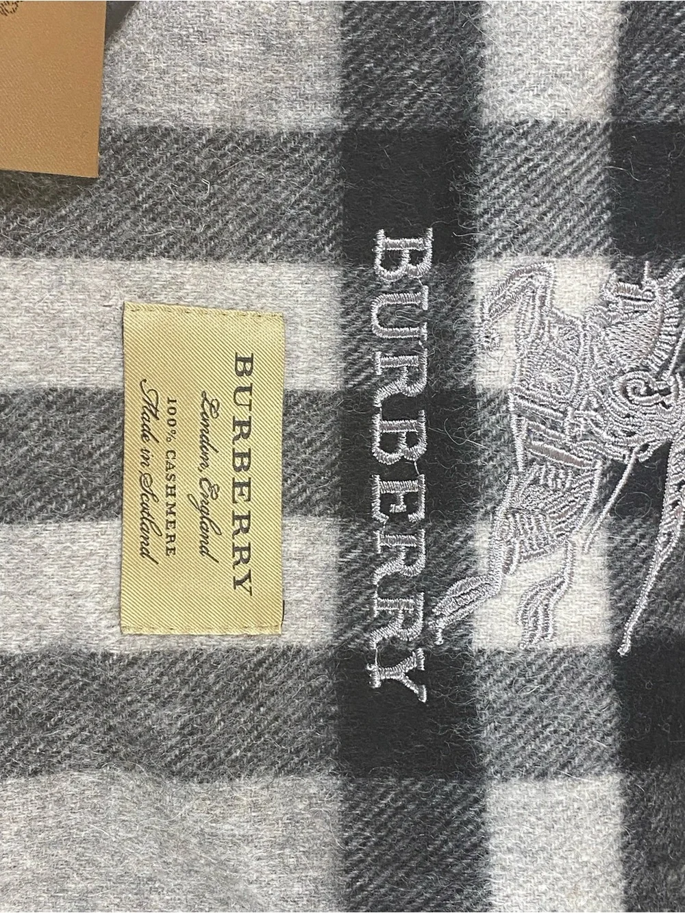 Burberry Gray, Black and Red Check Wool Scarf with Fringe